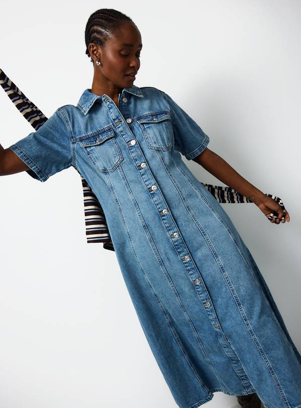 ワンピース MIUMIU Indigo Denim Dress with Bijou Buy Mid Blue Denim Short Sleeve Midaxi Dress 10 | Midaxi | Argos